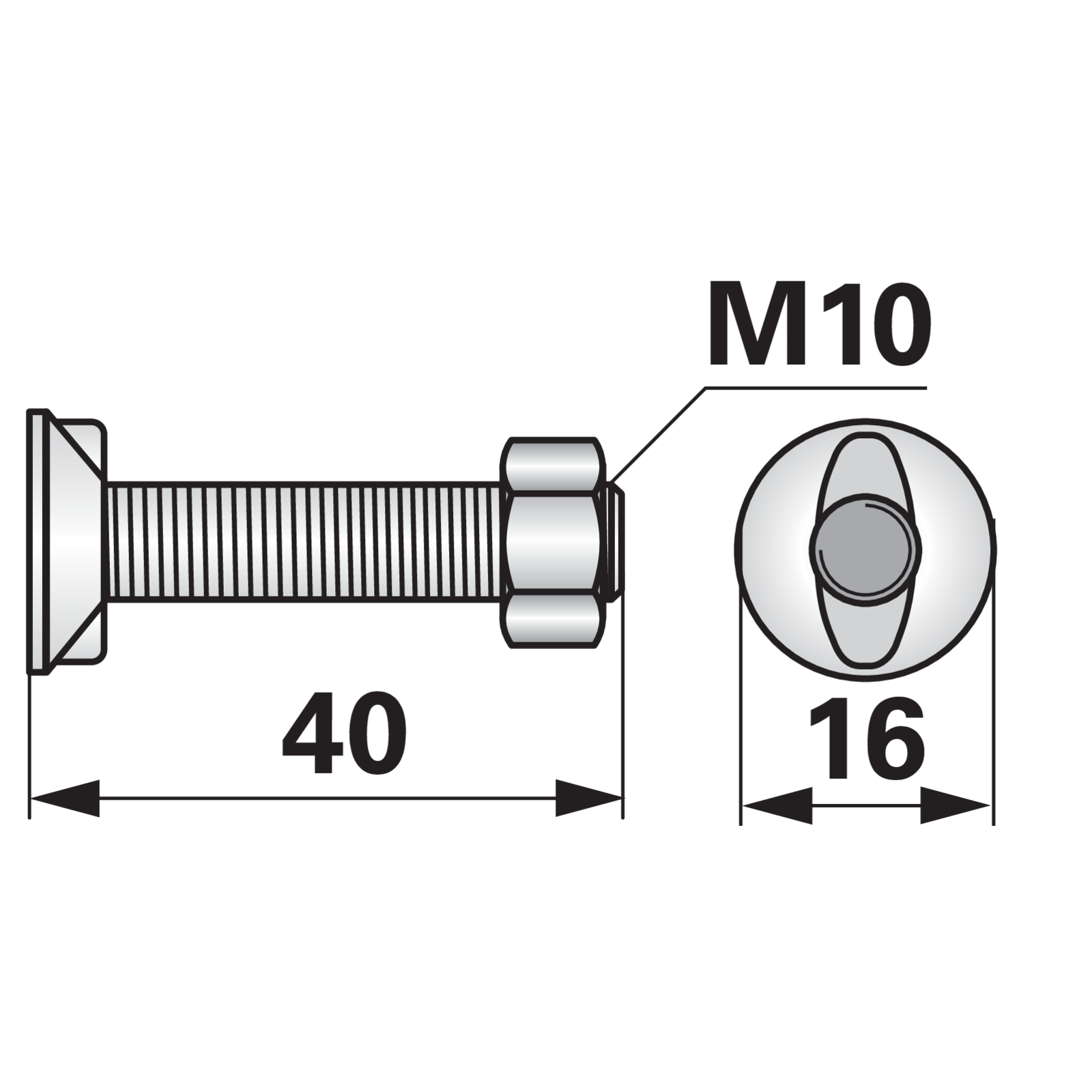 Pflugschraube 2-Nasen Huard, M10 x 40 mm, Güte 8.8 mit Mutter